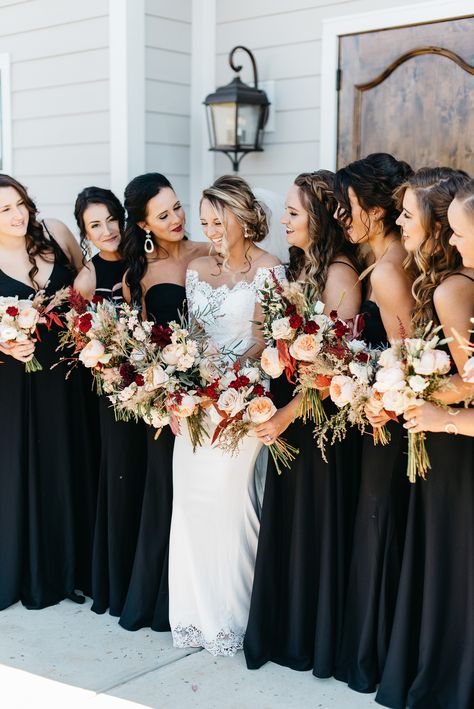 Black Bridesmaid Dresses With Orange Flowers, Black Bridesmaid Dresses Fall Flowers, Fall Black Bridesmaid Dresses, Wedding Color Scheme With Black, Black Bridesmaid Dresses Fall Wedding, Black Attire Wedding Party, Fall Wedding Black Bridesmaid Dresses, Black Color Scheme Wedding, Black Wedding Party Attire Color Schemes