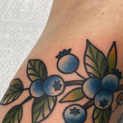 Blue American Traditional Tattoo, American Traditional Caterpillar Tattoo, American Traditional Berry Tattoo, American Traditional Blueberry Tattoo, Blueberry Tattoo Traditional, Porcelain Blue Tattoo, Blueberry Tattoo Minimalist, Blueberry Branch Tattoo, Traditional Fruit Tattoo