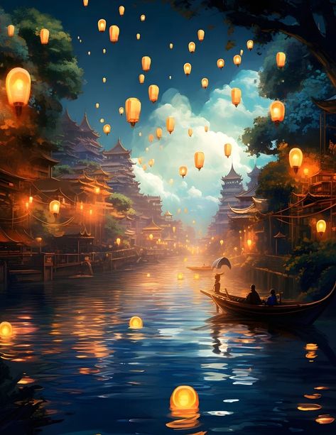 Loy Krathong Night Splendor Art Print, Thailand Lantern Festival, Floating Market Celebration 8.5X11 Wall Art Décor - Etsy Lantern Festival Artwork, Festival Concept Art, Thailand Lantern Festival, Night Concept Art, Loy Krathong Festival, Scene Ideas, Loy Krathong, Matric Farewell, Floating Market