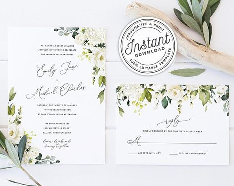 Watercolor Boho Greenery Wedding Invitation Template Suite | Etsy