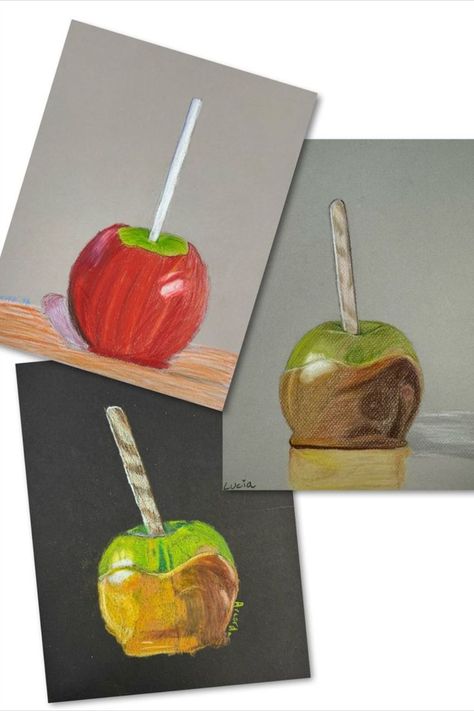 These candy apple and caramel apple drawings were created by kids ages 10-12. They were done using colored pencils. This is a fun Fall art project for kids! Apple Art Projects, Online Art Tutorials, Thanksgiving Art Projects, Homeschool Art Projects, Easy Art Lessons, Using Colored Pencils, Fall Drawings, Art Project For Kids, Middle School Art Projects