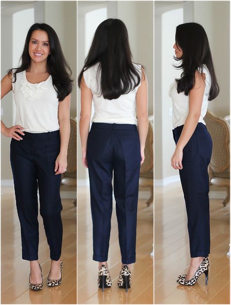 what to wear with ladies navy blue pants | Review: J.Crew Minnie Pants vs. Cafe Capris 1950s Pants, Stylish Petite, Womens Capri Pants, Fashion Petite, Navy Blue Pants, School Looks, Caramel Color, Lifestyle Clothing, Blue Pants