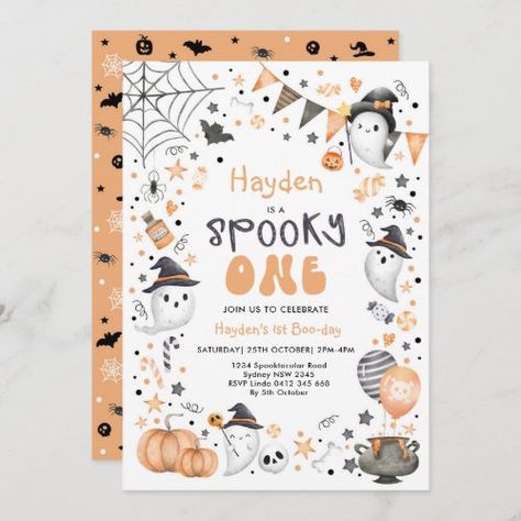 $2.09 | Cute Spooky One Halloween Ghost 1st Birthday - cute ghost, 1st birthday, spooky one, kids boy girl gender neutral, pastel orange black white, fall pumpkin, halloween party, magical witch wizard cauldron, spider boo-day, spooktacular first birthday Halloween Shower Ideas, Halloween Invitations Kids, Ghost Theme, Halloween 1st Birthdays, Baby Shower Invites Neutral, Halloween Birthday Invitations, Modern Halloween, Ghost Boy, 2nd Birthday Invitations