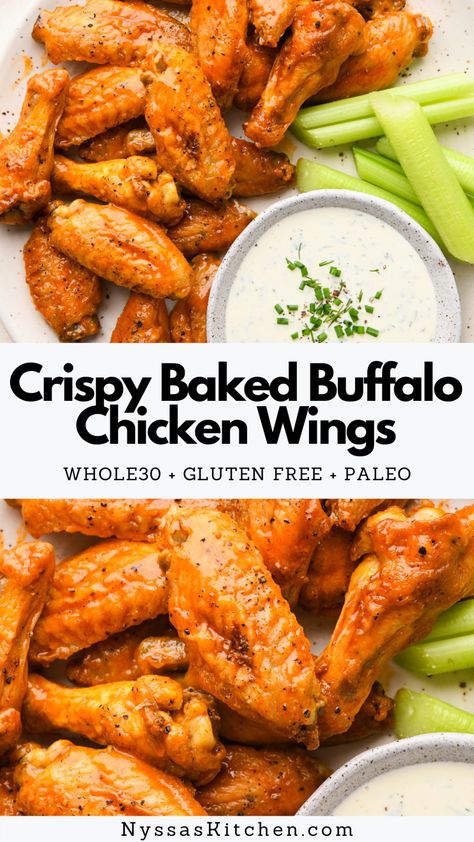 Gluten Free Chicken Wings, Paleo Chicken Wings, Baked Buffalo Chicken Wings, Healthy Chicken Wings, Buffalo Chicken Wings Recipe, Wings Recipe Baked, Baked Buffalo Wings, Wings Recipe Buffalo, Creamy Ranch Dressing