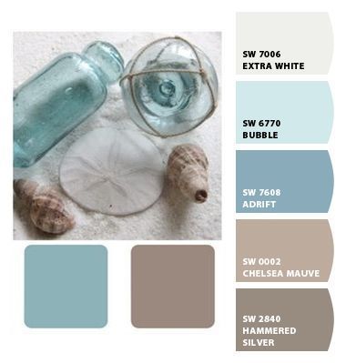 Warm muted blue water sand beach mink brown tan taupe ivory cream #designseeds color colour colore farbe palette repinned by #vividfiberarts Combo Bathroom, Beach Kitchen, Paint Palettes, Theme Bedroom, Casual Coastal, House Dream, Coastal Colors, Color Reference, Beach Color