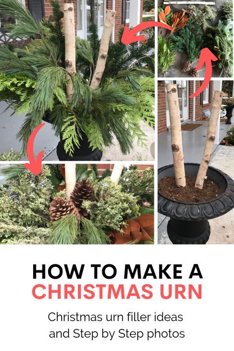 DIY Christmas urn, Christmas urn filler, outdoor christmas urns, how to make christmas urn Diy Christmas Urns, Holiday Urn, Christmas Planter, Outdoor Christmas Planters, Christmas Urns, Outdoor Christmas Diy, Filler Ideas, Holiday Planter, Christmas Garden Decorations