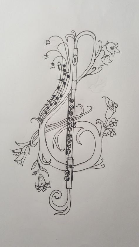 Music Staff Art, Marching Band Tattoos, Flute Sketch, Clarinet Drawing, Flute Tattoo, Flute Drawing, Music Notes Drawing, Sigil Tattoo, Piano Art