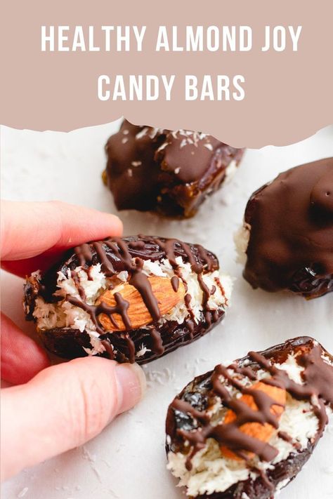 Healthy Almond Joy, Almond Joy Candy Bars, Paleo Vegan Dessert, Date Recipes Healthy, Date Recipes Desserts, Almond Joy Candy, Healthier Dessert Options, Almond Joy Bars, Coconut Candy