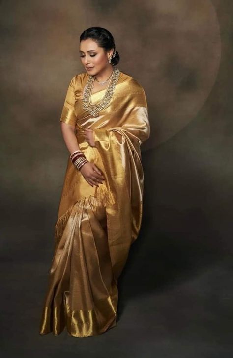 Golden Pattu Saree, Golden Saree Bride, Golden Kanjivaram Saree, Golden Bridal Saree, Kanjivaram Saree Look, Golden Kanjeevaram Saree, Golden Saree Look, Golden Wedding Saree, Gold Silk Saree