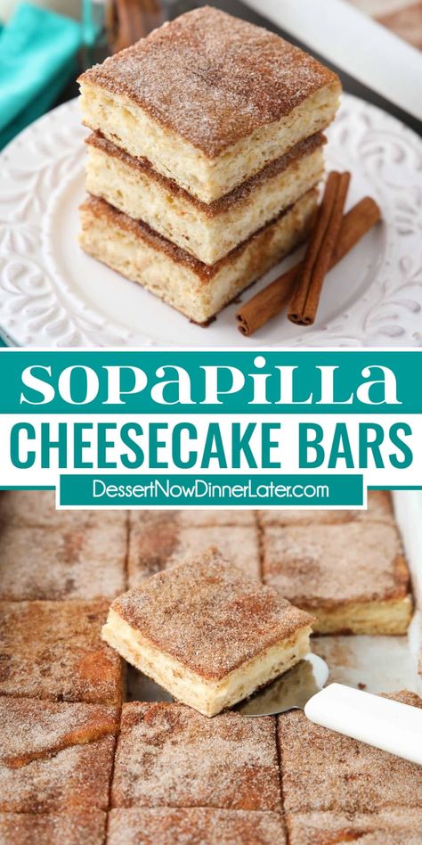 Sopapilla Cheesecake Bars are an easy layered dessert with cinnamon-sugar, flaky crescent dough, and a creamy cheesecake filling. You'll love this twist of a traditional Mexican pastry and it tastes like a filled churro. Sopapilla Cheesecake Recipe, Mexican Pastry, Churro Cheesecake Bars, Wedding Bars, Sopapilla Cheesecake Bars, Horchata Recipe, Bars Dessert, Cheesecake Bar, Cinnamon Desserts