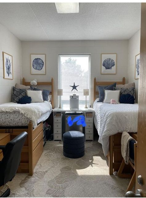 Dorm Room Mamas | Had to do a revamp on their dorm bc they needed a heavy duty air purifier , lol | Facebook Dorm Room Ideas For Two People, Dorm Room Ideas 2 Beds, Dorm Room Set Up Layout For Two, College Dorm Room Inspiration, College Dorm Room Decor, Dorm Room Inspiration, Dorm Inspo, Classy Decor, Dorm Room Ideas