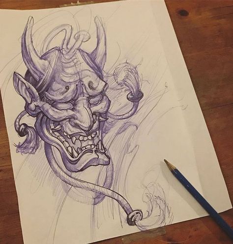 Hannya mask sketch With artist: @patrick_chronicink Created @chronicink  _ #workproud #wearproud #pursan by @solabspurklenz #needles from @mithramfg Hannya Maske Tattoo, Mask Sketch, Hanya Mask Tattoo, Hannya Maske, Samurai Mask Tattoo, Tattoo Chinese, Oni Tattoo, Hannya Mask Tattoo, Egyptian Tattoo Sleeve