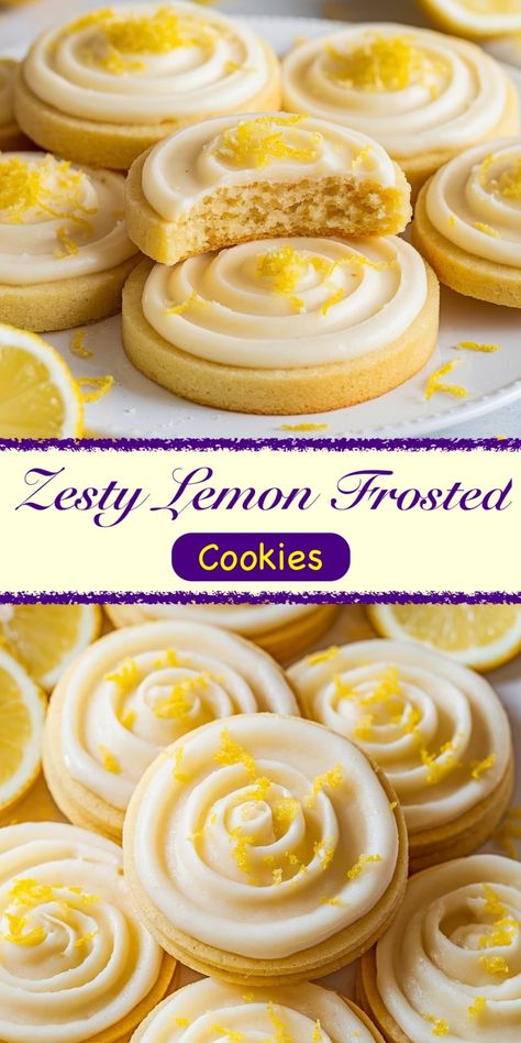 A close-up view of zesty lemon frosted cookies, featuring a smooth, buttery base topped with swirls of tangy lemon frosting. Fresh lemon zest is sprinkled over the top, adding a bright pop of color and flavor. One cookie has a bite taken out, revealing its soft, tender crumb. The cookies are arranged on a plate, with lemon slices in the background, highlighting their vibrant, citrusy appeal. Perfect for those who love a refreshing, sweet-tart treat! Lemon Frosted Cookies, Lemon Cookie Frosting, Frosted Cookie Recipes, Recipes With Lemon, Copycat Cookies, Mmm Cookies, Crumbl Copycat, Sunshine Cookies, Cookie Frosting Recipe