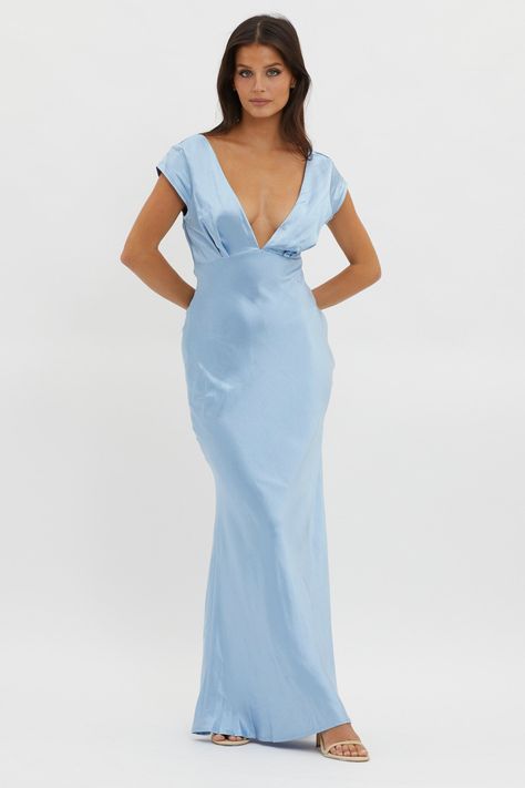 Lucinda V-Neck Twist Back Midi Dress Blue Spring Formal Dresses Long, Bridesmaid Lineup, Blue Selfie, Spring Formal Dresses, Pink Dress Shoes, Satin Short Sleeve, Spring Formal, Midi Dress Blue, Selfie Leslie