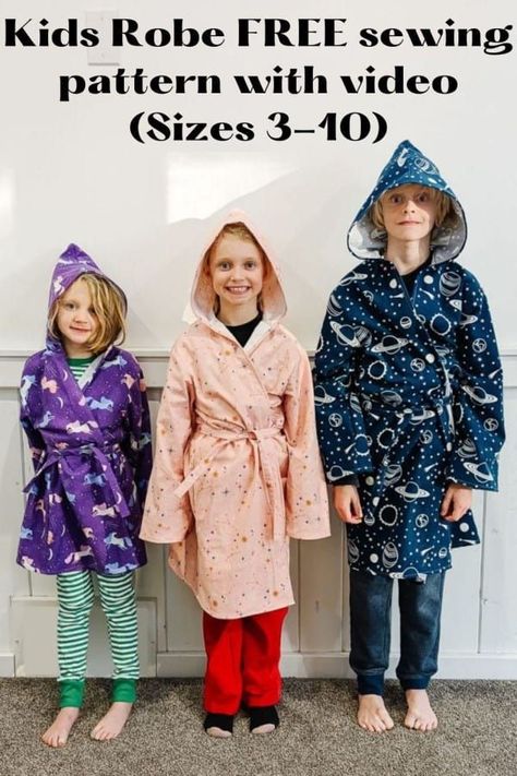 Kids Robe FREE sewing pattern with video (Sizes 3-10). Now's your chance to make this beginner sewing project warm kids robe that uses a flannel fabric and is great as a handmade gift. Can be worn when your kids are cold, in their pajamas, waking up or going to bed, or getting out of the shower. SewModernKids Bathrobe Pattern, Robe Sewing Pattern, Dressing Gown Pattern, Thread Crafts, Tops Sewing, Kids Robes, Kids Sewing, Girls Robes, Free Sewing Pattern