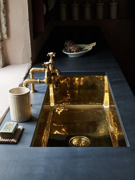 deVOL Polished Brass Single Sink | deVOL Kitchens Brass Kitchen Sink, Victorian Greenhouses, Tuscan Farmhouse, Sink In Island, Arabescato Marble, Devol Kitchens, Brass Sink, Aged Copper, Marble Sinks