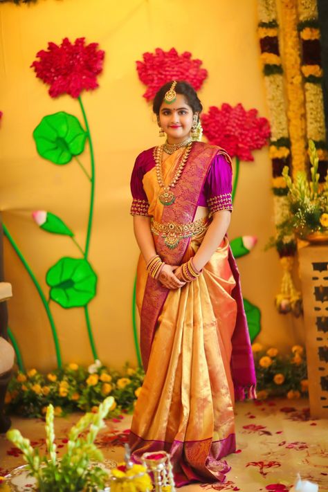 Half Saree Ceremony, Kids Saree, Saree Ceremony, Saree Function, Half Saree Function, Bridal Sarees South Indian, Indian Bridal Sarees, Wedding Saree Blouse, New Saree Blouse Designs