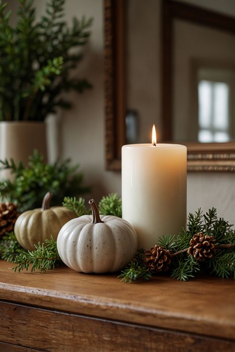 Elevate your fall mantle with earthy ceramics, neutral candles, and soft greenery for an elegant autumn touch. #FallDecor #MantleDecor #AutumnElegance #EarthyCeramics #NeutralCandles #SeasonalStyle #ElegantHome #CozyFall #HomeDecorTips Elegant Fall Mantle, Fall Mantle Ideas, White Fall Decor, Neutral Fall Decor Ideas, Neutral Candles, Earthy Ceramics, Mantle Ideas, Fall Mantle, Neutral Fall Decor