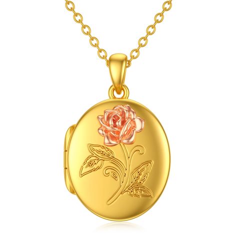 PRICES MAY VARY. [Design]: Flowers are signs of love to humanity, a rose language saying: I love you forever . It is a symbolism of enthusiasm, love, and happiness. Wearing it with or without pictures. It is also a decent necklace gift for those who want to hold her beloved one's photo. [Material]: This flower rose locket pendant is made of two tones gold and rose gold plated silver. It comes with a 18+2'' dainty 1.5mm thick gold plated silver chain. Good quality and hypoallergenic allows for co Rose Locket, Signs Of Love, Gift Ide, Multi Picture, Picture Locket, Oval Locket, Solid Gold Chains, Flower Rose, I Love You Forever