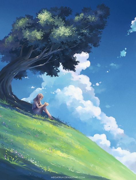 #Artist of The Day: megatruh. Under a tree, upon a hill > nice #concept #art Grass Digital Painting, Grass Digital Art, Cloud Digital Art, Grass Tattoo, Tree On A Hill, Sitting Under A Tree, Digital Art Painting, Under A Tree, Tree Illustration