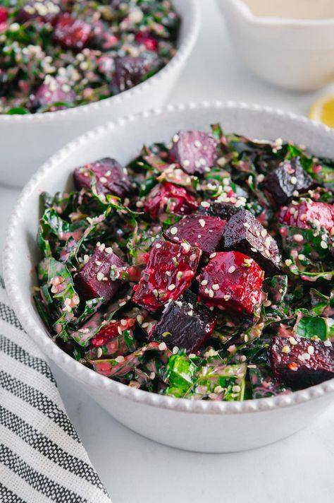 Roasted Beet Kale Salad with Lemon Tahini Dressing Roasted Carrots And Beets, Beet And Kale Salad, Beets Salad, Entree Salads, Carrots And Beets, Salad With Lemon, Satisfying Salads, Lemon Tahini Dressing, Crispy Chickpeas