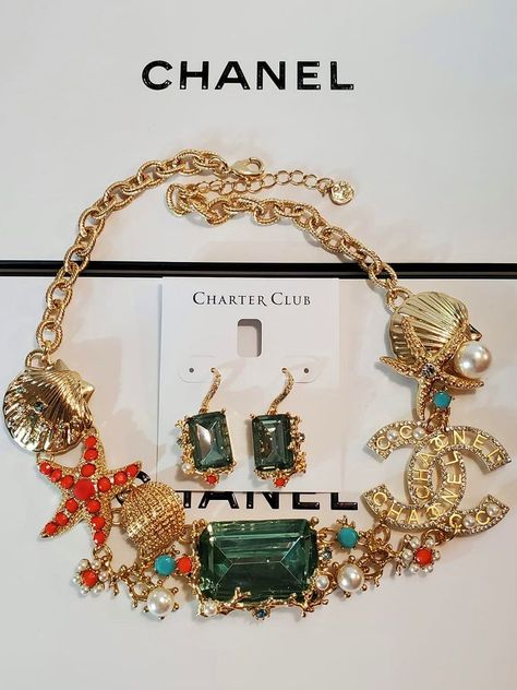 Price $150.00 Only one! Necklace and Earrings Brand Charter Club, new, Gold tone. I added Chanel Big Logo, Size- 44 mm. Necklace length- 18.5" #Chanelgirl #Chanel #cocochanel #ribbon #gifts#gift#necklace Ribbon Gifts, Chanel Price, Fishtail Maxi Dress, Chanel Necklace, Charter Club, Necklace And Earrings, Coco Chanel, Gift Necklace, Pandora Charm Bracelet