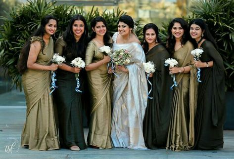 South Indian Bridesmaids Saree, Bridesmaid Saree Color Schemes, South Indian Bridesmaids Outfits, Indian Bridesmaids Saree, Bridesmaid Saree Indian, South Indian Bridesmaids, Bridesmaids Shoot, Sarees South Indian, Bridesmaids Indian