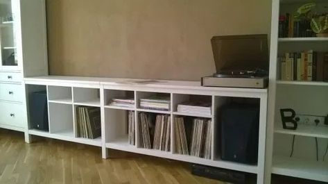 Hack Tv, Modern Record Console, Record Shelves, Hemnes Bookcase, Ikea Office Furniture, Record Console, Shelf Arrangement, Record Shelf, Trim Ideas