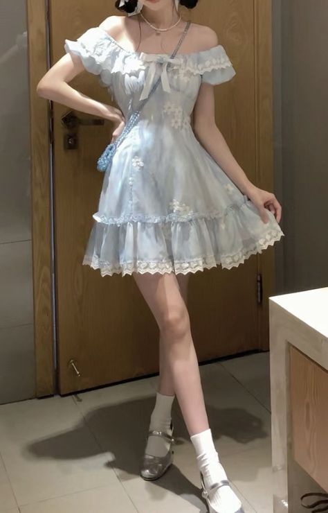 Light Blue Coquette Outfit, Light Blue Dress Aesthetic, Blue Coquette Outfit, Blue Clothes Aesthetic, Rococo Aesthetic, Blue Coquette, Core Outfits, Future Wardrobe, Regina George