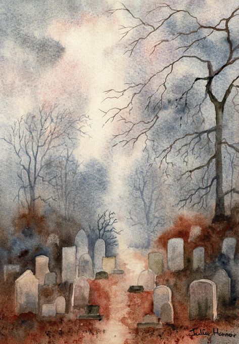 Woodland Graveyard An original watercolour painting of a spooky graveyard amongst the trees Hand painted in watercolour by artist Julie Horner and signed. Original unframed watercolour painting on high quality watercolour paper - paper size 10 x 7 inches or 255mm x 180mm. Please note I have cropped this painting slightly on the images shown, but you will receive the full size to allow personal choice for framing. Please note that the colours may vary slightly depending upon your monitor. This pa January Painting, Graveyard Sketch, Graveyard Painting, Graveyard Watercolor Painting, Graveyard Watercolor, Eerie Watercolor, Ghost Forest Painting, Ghost In Forest Painting, Watercolor Calendar