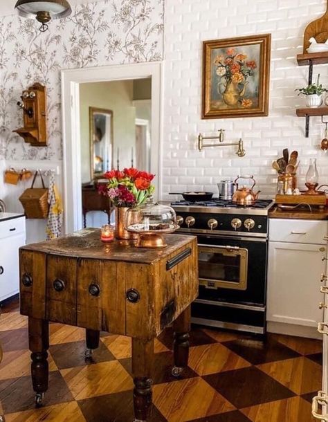 Classic Kitchen Hood Design, 1880s Home Victorian Interiors, English Kitchen Curtains, Cozy Kitchen Aesthetic Vintage, Modern Gothic Revival Interior, Maximalist Neutral Decor, Making A New House Look Old, Old Farmhouse Interior Living Room, Eclectic Farmhouse Kitchen