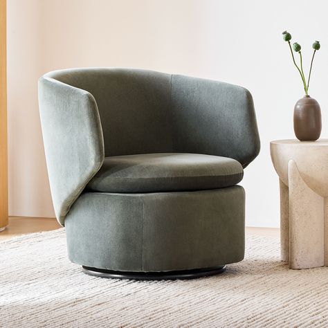 Crescent Swivel Chair | West Elm Drum Chair, Globe Floor Lamp, Leather Swivel Chair, Pillow Texture, Room Planning, Swivel Armchair, Key Details, West Elm, Tub Chair