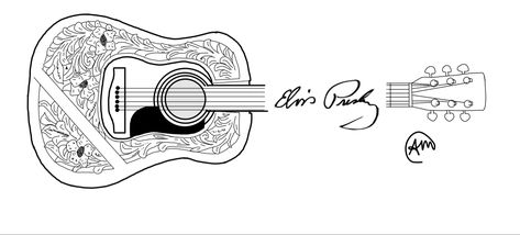 Guitar Outline Tattoo, Simple Elvis Tattoo, Elvis Presley Tattoo, Elvis Guitar Tattoo, In Memory Guitar Tattoo, Guitar Memorial Tattoo, Elvis Guitar, Elvis Tattoo, Rockabilly Tattoos