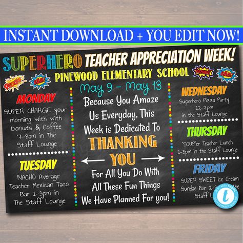 Superhero Teacher Appreciation Week, Ptsa Ideas, Superhero Teacher Appreciation, Teacher Appreciation Week Themes, Principal Ideas, Teacher Lunches, Teacher Appreciation Themes, Teacher Presents, Sunshine Committee