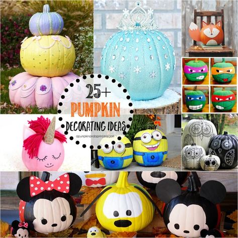 25+ Creative Pumpkin Decorating Ideas - Everything from Disney princess pumpkins, spooky pumpkins and even beautiful home decor! Painted Pumpkin Contest Ideas, Princess Pumpkin, Pumpkin Decorating Ideas, Creative Pumpkin Decorating, No Carve Pumpkin Decorating, Easy Pumpkin Carving, Pumpkin Contest, Pumpkin Carving Designs, Creative Pumpkins