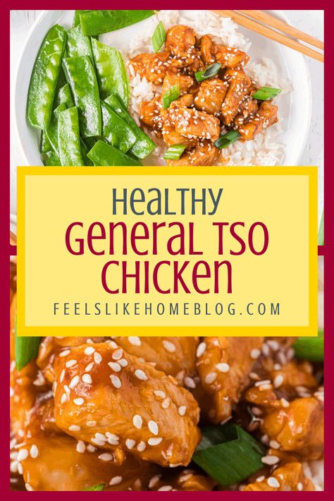 This homemade, simple and easy General Tso chicken recipe is easy to prepare and healthy with no cornstarch or breading. It's the best easy stir fry with spicy flavor. Keto, low carb, and gluten free. Tasty copycat Chinese recipe served with sides of rice and snow peas. Sauteed on the stovetop in a skillet. How to make the best copy cat takeout General Tso's recipe. Quick and simple dinner with ketchup, sambal oelek, and soy glaze. #quickandeasy #30minutemeals #weeknightmeals #quickandeasy #30m Baked Honey Sesame Chicken, Healthy General Tso Chicken, Easy General Tso Chicken, General Tao Chicken, General Tso's Chicken Recipe, Soy Glaze, General Tso's Chicken, Tso Chicken, Chinese Recipe