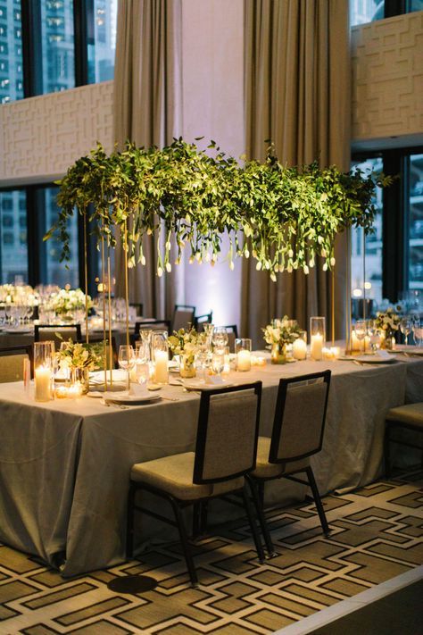 Hanging Centerpieces Table, Long Table Hanging Flowers, Over The Table Rod Decor Wedding, Over Table Hanging Decorations, Long Table Flower Arrangements, Hanging Tulips, Wedding In April, Langham Chicago, Hanging Flowers Wedding