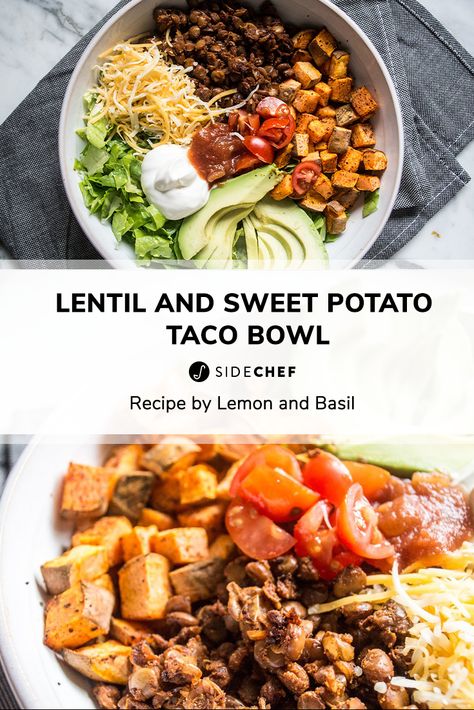 Lentil Sweet Potato Bowl, Lentil Taco Bowl, Lentil Bowl Recipe, Sweet Potato Taco Bowls, Potato Taco Bowl, Lentil Bowls, Lentil Bowl, Lentil Sweet Potato, Heathy Eats