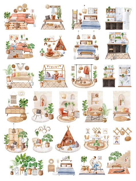 Monstera Clipart, Bohemian Architecture, House Watercolor, Painted House, Interior Boho, Illustration Architecture, Png Illustration, Boho Scandinavian, Interior Design Drawings