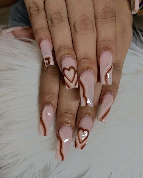 Farewell Nail Ideas, Light Brown Nails With Design, Brown White And Gold Nails, Ballerina Nails Designs, Brown Acrylic Nails, Acrylic Toe Nails, Fancy Nails Designs, Simple Gel Nails, Girly Acrylic Nails