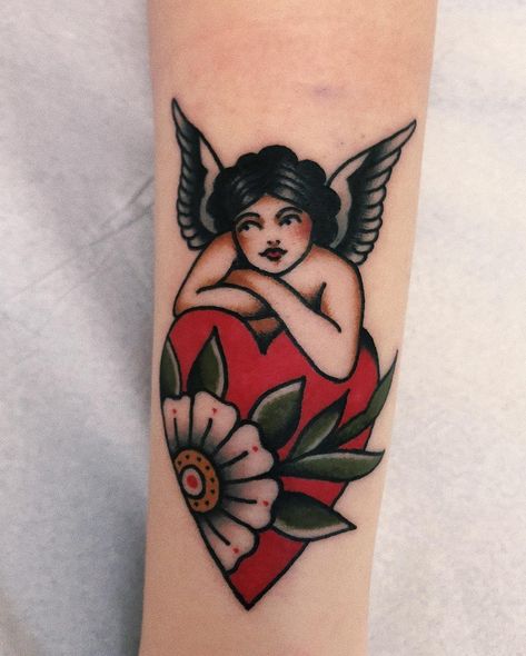 @flashtilldeath shared a photo on Instagram: “1/2 on Maxi from Frankfurt yesterday! ❤️ . . . #tattoo #traditionaltattoo #traditional #oldschool #oldschooltattoo #tattooflash…” • Feb 24, 2019 at 4:10pm UTC Cherub Heart Tattoo, Cupid Tattoo Old School, Cherub Angel Tattoo Traditional, Angel American Traditional Tattoo, Traditional Baby Tattoo, Cupid Tattoo Traditional, Cherub Tattoo Traditional, Trad Heart Tattoo, American Traditional Angel