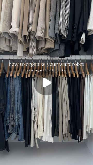 KATIE PEAKE on Instagram: "Wardrobe organisation tips 📌🤍🧥👖 I’ve had a HUGE declutter & sort out over the last couple of weeks & wanted to organise my things so it’s easy for me to get dressed every day. Also the baby hanger hack is a gamechanger for hanging your trousers. SO satisfying 👏🏻 full YouTube video is on my channel. . . Wardrobes are from @tylko use ‘katiepeake’ for 44% off until 31.01 *pr product . . Wardrobe organisation, closet, closet organisation, how I organise my clothes, storage hacks . . #wardrobes #wardrobestylist #wardrobegoals #cleanoutyourcloset #closetorganization #closetgoals #wardrobeorganisation #clothesorganizer #wardrobeinspiration #wardrobeinspo #knitwearfashion #dressingrooms #dressingroomgoals #dressingroominspo #dressingroomdesign #storagesolutions #st Hanging Clothes Storage Ideas, Wardrobe Trousers Storage, Dress Pant Storage, Bedroom Garderobe Ideas, Lots Of Clothes Organization, Trouser Organisation, Small Walk In Cupboard Ideas, Organization Ideas For The Home Clothes, Couple Wardrobe Organisation