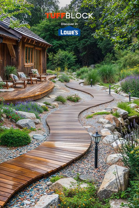 curved walkway deck through beautiful yard that leads to outhouse Tuffblock Deck, Curved Decking, Curved Walkway, Pergola Walkway, Deck Blocks, Rock Walkway, Wood Walkway, Backyard Walkway, Sloped Yard