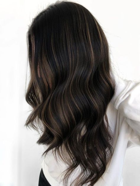 Winter Hair For Brunettes, Hair For Brunettes, Midnight Black Hair, Auburn Balayage, Ebony Hair, Copper Balayage, Black Hair Balayage, Dark Brunette Hair, Hair With Highlights