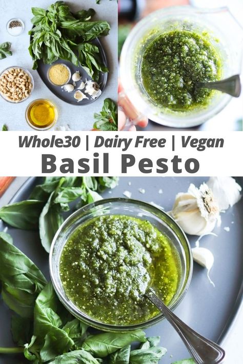 This easy Dairy Free pesto recipe is Whole30, Low Carb, and Vegan, and it will quickly become your favorite healthy condiment! This pesto recipe comes together in just a few minutes with wholesome, healthy ingredients like fresh basil, garlic, olive oil, and cashews and without pine nuts. The secret ingredient? Nutritional yeast! #cookathomemom #vegan #whole30recipes #pesto Whole30 Pesto, Vegan Budget, Whole30 Vegan, Vegan Low Carb, Dairy Free Pesto, Healthy Pesto, Dairy Free Low Carb, Healthy Ingredients, Pesto Recipe