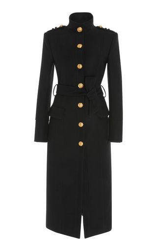 Shop Belted Mock Neck Wool Coat. The tailoring of Balmain's belted coat emulates the formal-feel and precision of a military uniform. Hobbs Coat, 00s Mode, Balmain Fashion, Korean Fashion Kpop, Ținută Casual, Belted Coat, Coat Fashion, Military Fashion, Mode Outfits