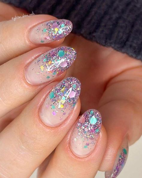 Summer Glitter Almond Nails | Sparkling, Chic & Trendy Manicure Glitter Colorful Nails, Almond Colored Tip Nails, Short Almond Dip Nails Spring, Pastel And Glitter Nails, Dip Powder Nails Almond Shape Short, Disco Glitter Nails, Spring Glitter Nails Sparkle, Pastel Dip Powder Nails, Glitter Fade Nails Gel