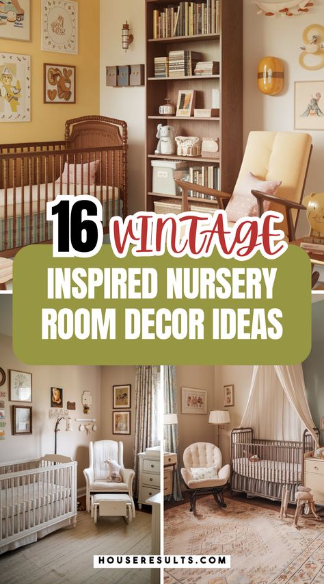 Bring nostalgia into your baby's nursery with vintage-inspired decor! From retro toys to timeless patterns, discover how to create a space that feels warm and inviting. 🌼🛏️ Don't forget to save this pin for unique decorating ideas! Vintage Cottagecore Nursery, Book Themed Nursery Vintage, Antique Nursery Decor Girl, Vintage Baby Wall Art, Vintage Story Book Nursery, Vintage Baby Boy Nursery, Classic Childrens Books Nursery, Unique Decorating Ideas, Vintage Baby Rooms