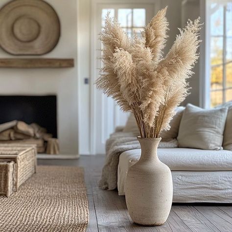 Pampas Living Room Decor, Floor Vase With Pampas, Pampas Grass Decor Living Room, Pampas Decor, European Cottage, Shelf Baskets Storage, Natural Bohemian, Big Vases, Grass Decor