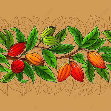 Patrón De Vector De Cacao Sobre Fondo De Color Camellia Plant, Broccoli Plant, Mustard Plant, Geranium Plant, Lemon Set, Chocolate Packaging Design, Calendula Flower, Plant Vector, Design Illustrations